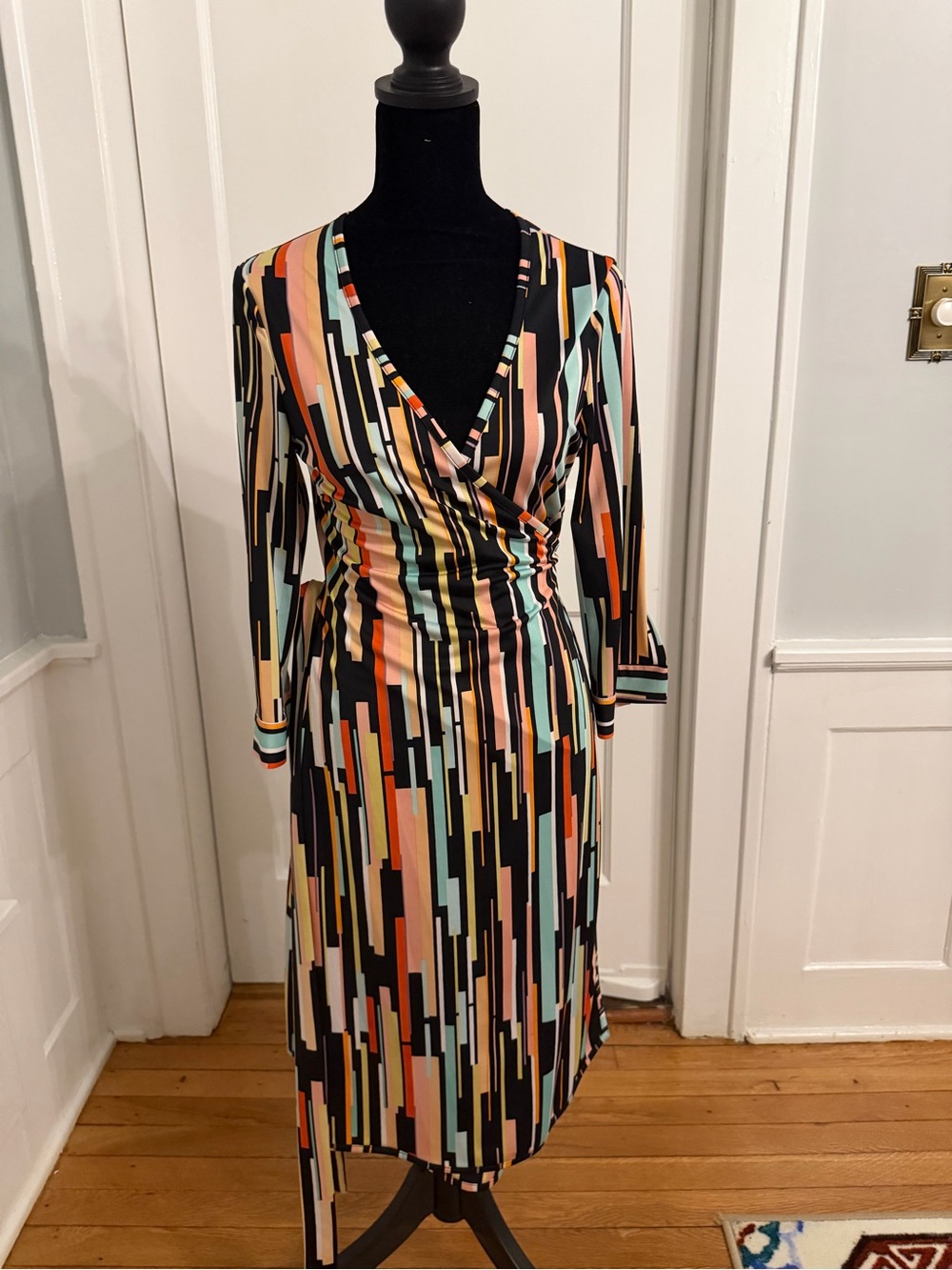 JB by Julie Brown Black Multicolor Striped Wrap Dress